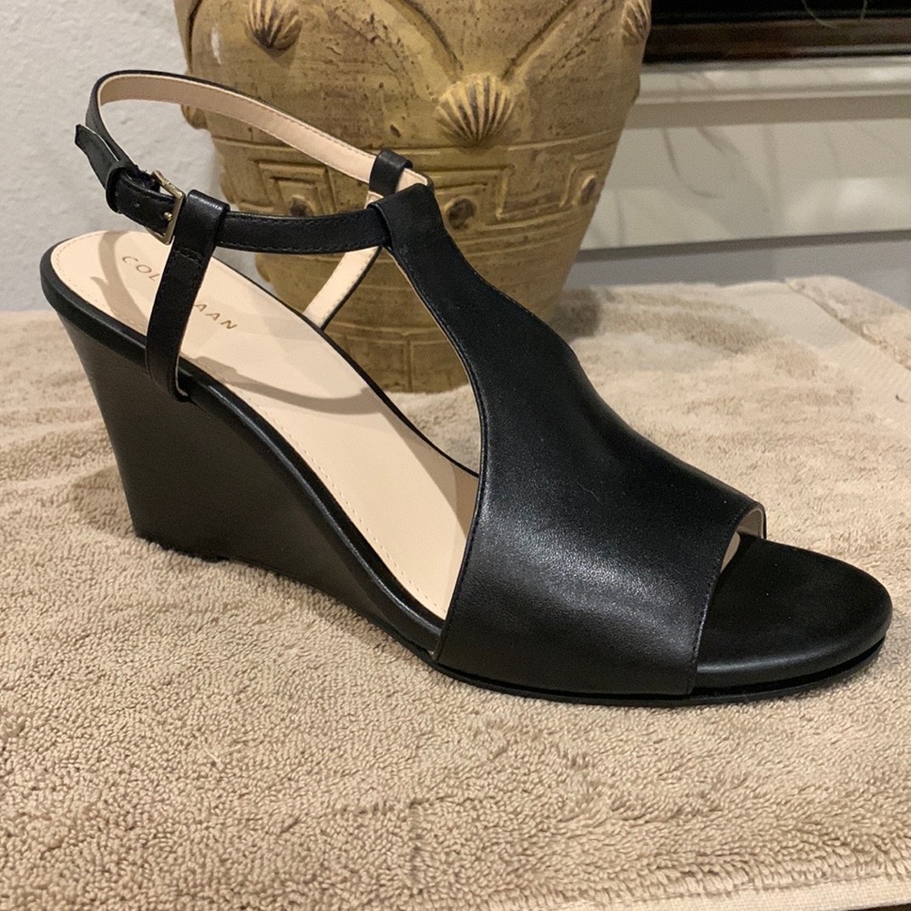 Cole Haan Black Leather T-Strap Wedge Sandals
